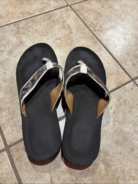 Coach Black Sandal Flip-Flops with Brown Monogram Straps and White Trim